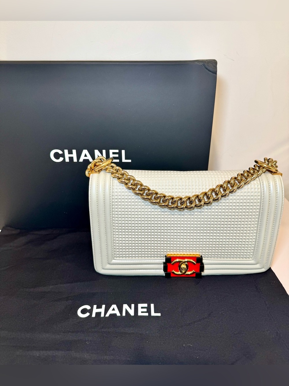 Chanel Medium Cube Boy Bag In Grey Beige Calfskin Leather W Gold Hardware